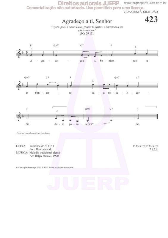 Partitura da música Agradeço A Ti, Senhor - 423 HCC