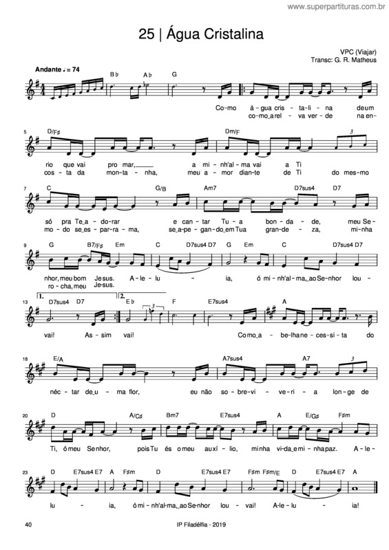 Partitura da música Água Cristalina – Vencedores Por Cristo