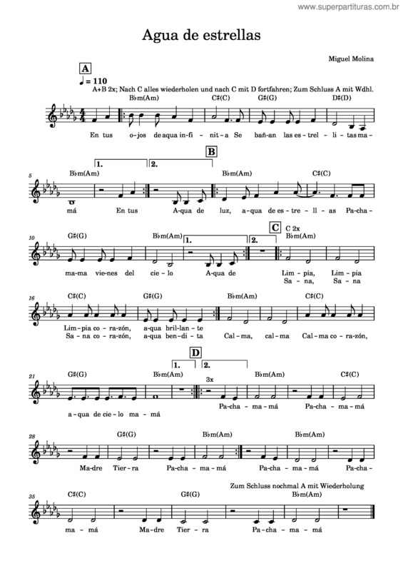 Partitura da música Agua De Estrellas – Miguel Molina