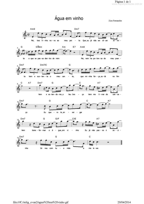 Partitura da música Água em Vinho