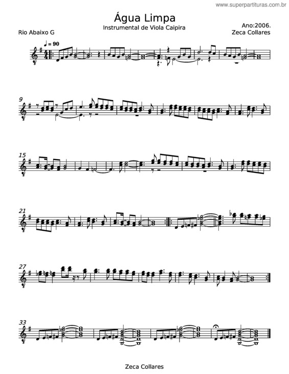 Partitura da música Água Limpa – Zeca Collares