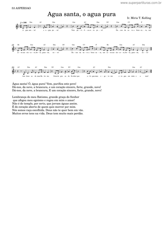 Partitura da música Água Santa, Ó Água Pura
