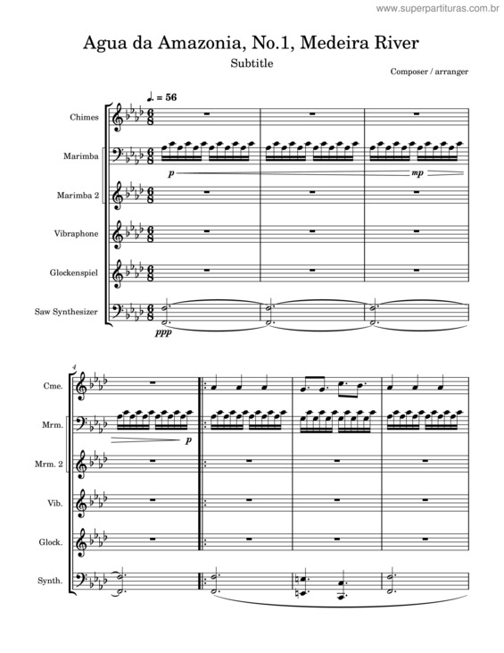 Partitura da música Aguas Da Amazonia, No. 1, Medeira River For Percussion Ensemble
