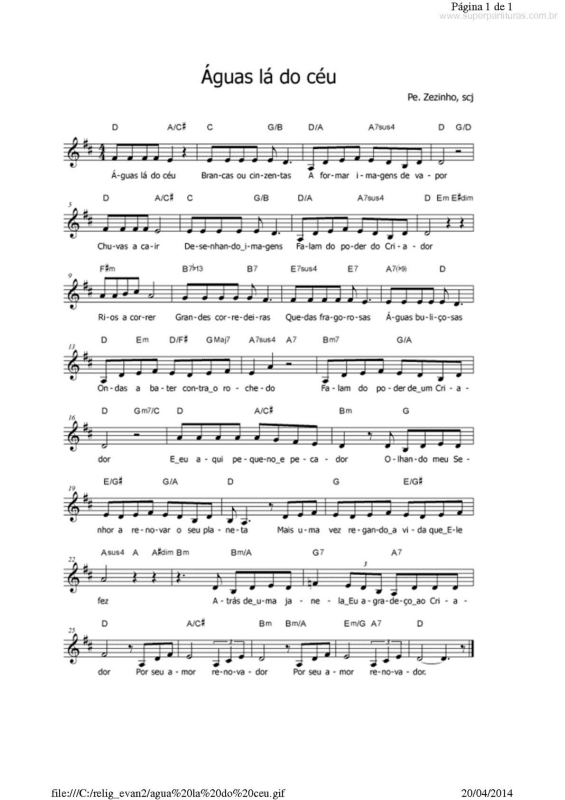 Partitura da música Águas lá do Céu