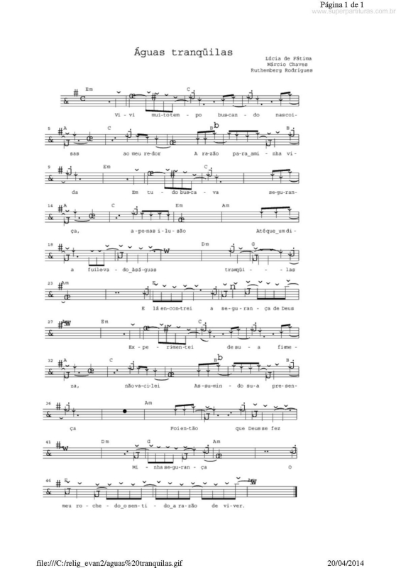 Partitura da música Águas Tranquilas