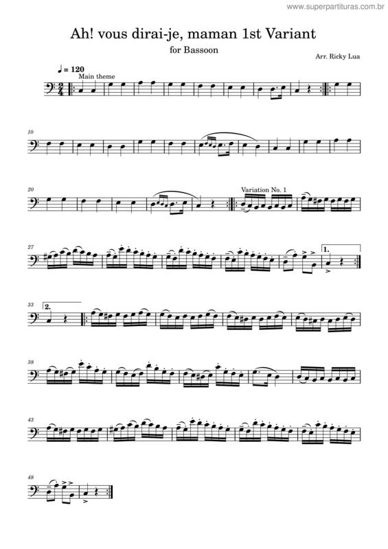 Partitura da música Ah! Vous Dirai–Je, Maman 1St Variantfor Bassoon