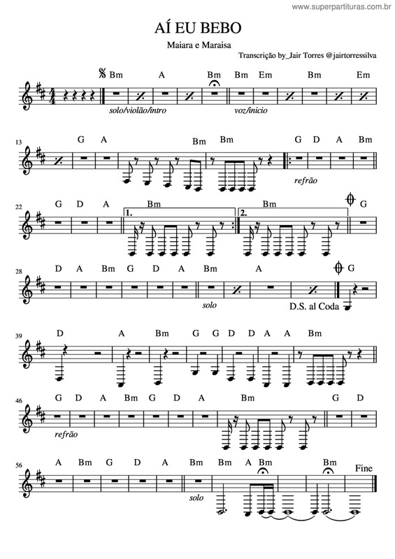 Partitura da música Ai Eu Bebo