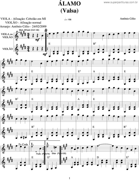 Partitura da música Álamo