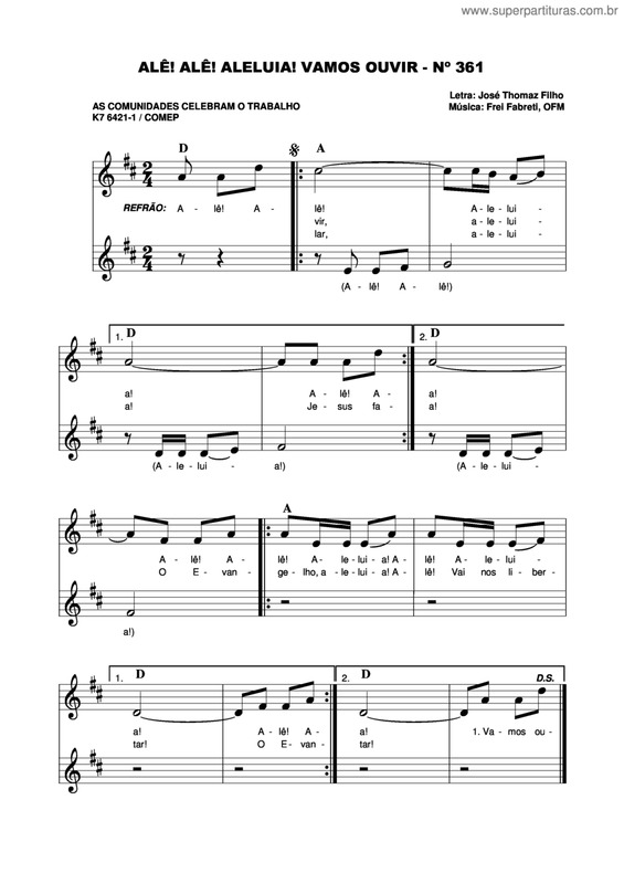 Partitura da música Alê! Alê! Aleluia Vamos Ouvir