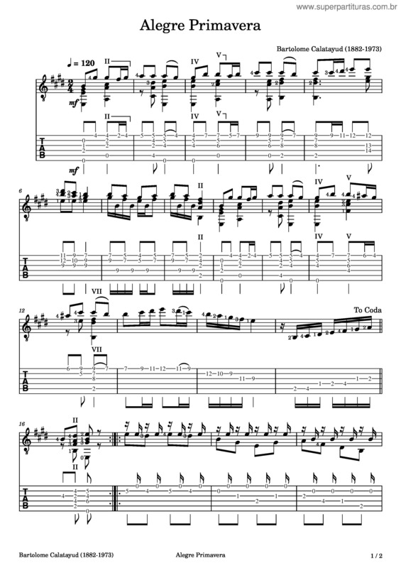Partitura da música Alegre Primavera–Bartolome Calatayud–Tabs