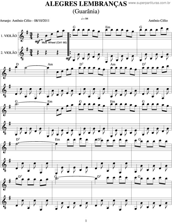 Partitura da música Alegres Lembranças 