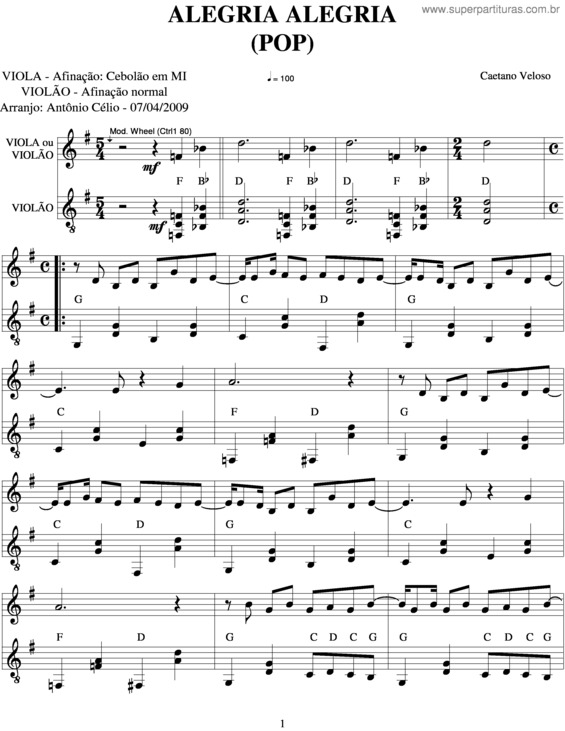 Partitura da música Alegria Alegria v.2