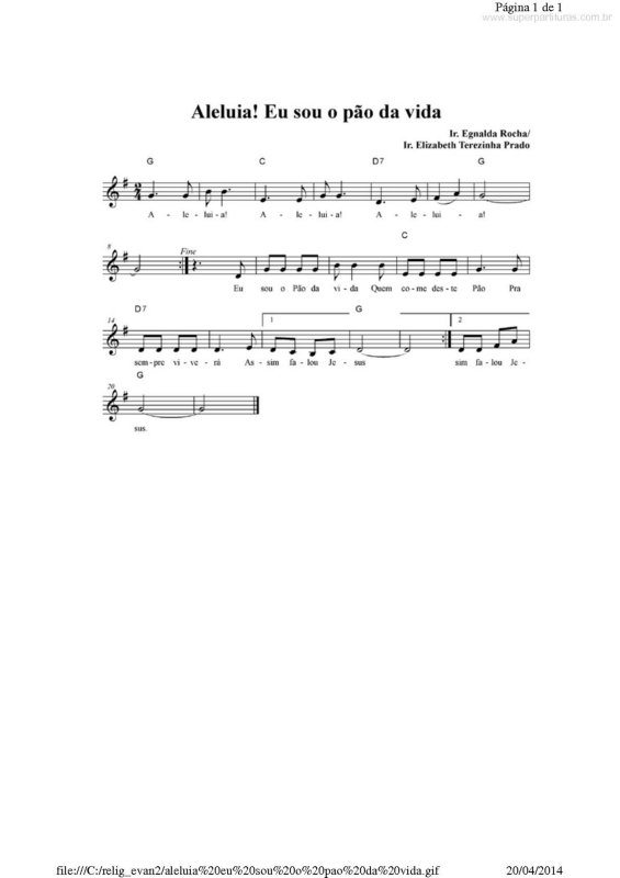 Partitura da música Aleluia! Eu Sou o Pão da Vida