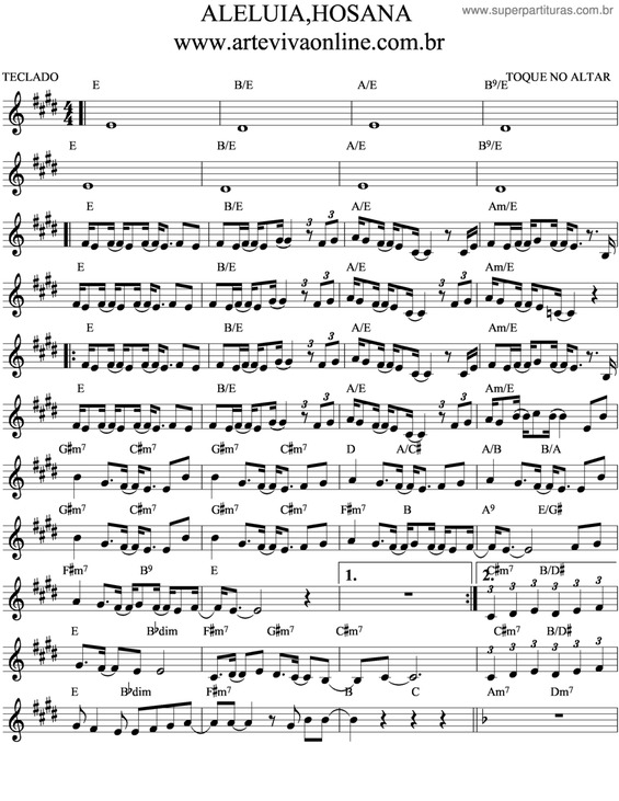 Partitura da música Aleluia, Hosana