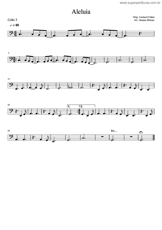 Partitura da música Aleluia Cello 3