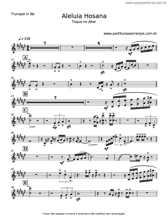 Partitura da música Aleluia Hosana – Davi Sacer