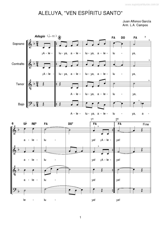 Partitura da música Aleluya, Vem Espíritu Santo