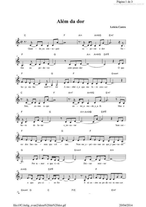 Partitura da música Além da Dor