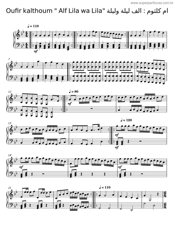 Partitura da música Alf Lila Wa Lila – Oum Kalthoum