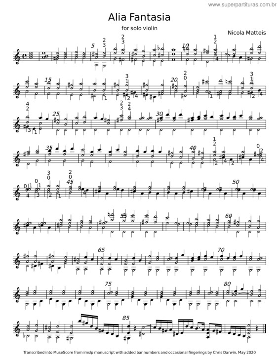 Partitura da música Alia Fantasia – Nicola Matteis