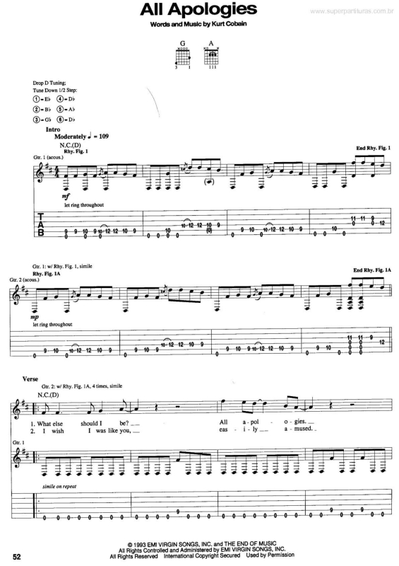 Partitura da música All Apologies v.2