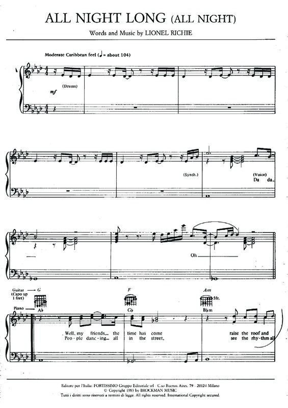 Partitura da música All Night Long (All Night)