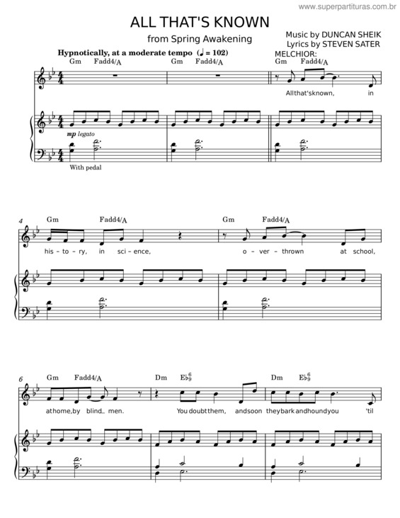 Partitura da música All That`S Known – Duncan Sheik, Spring Awakening Musical, Steven Sater