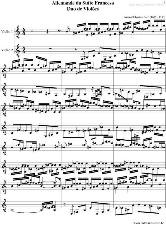 Partitura da música Allemande da Suíte Francesa