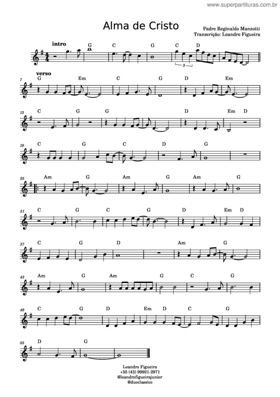 Partitura da música Alma De Cristo – Padre Reginaldo Manzotti