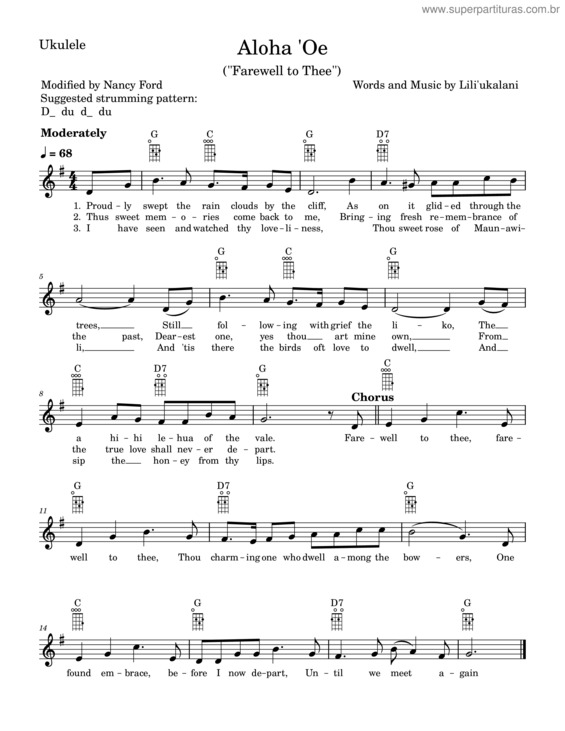 Partitura da música Aloha `Oe – Liliuokalani