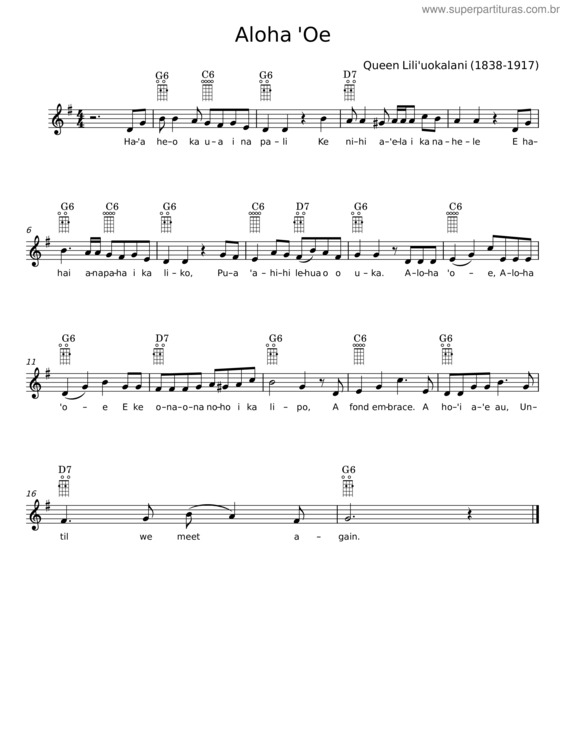 Partitura da música Aloha `Oe – Queen Lili`Uokalani v.2