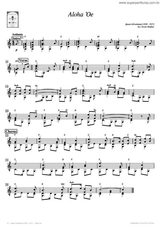 Partitura da música Aloha `Oe – Queen Lili`Uokalani
