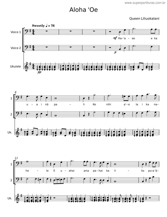 Partitura da música Aloha `Oe v.3