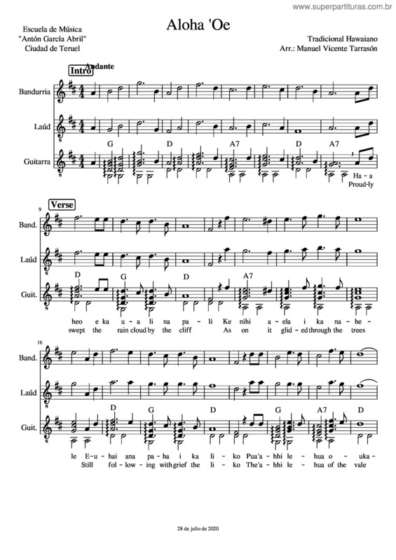Partitura da música Aloha ?oe