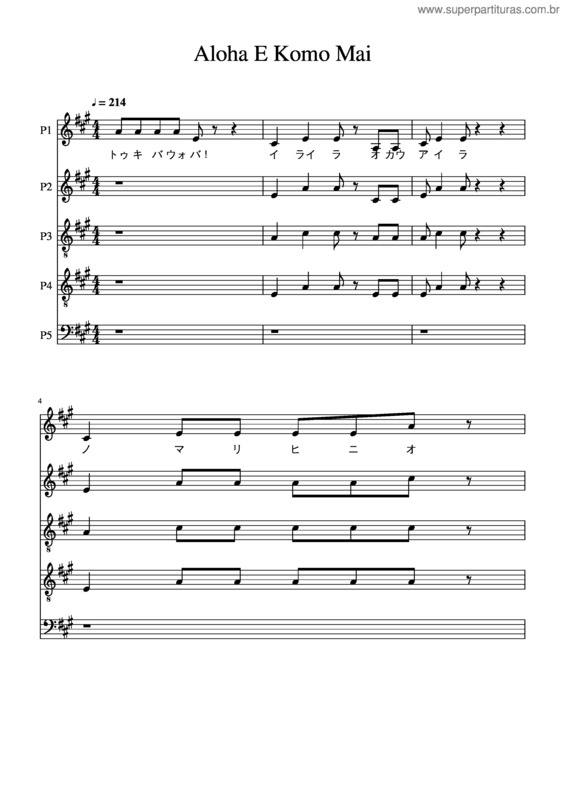 Partitura da música Aloha E Komo Mai