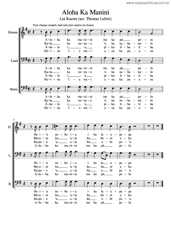 Partitura da música Aloha Ka Manini