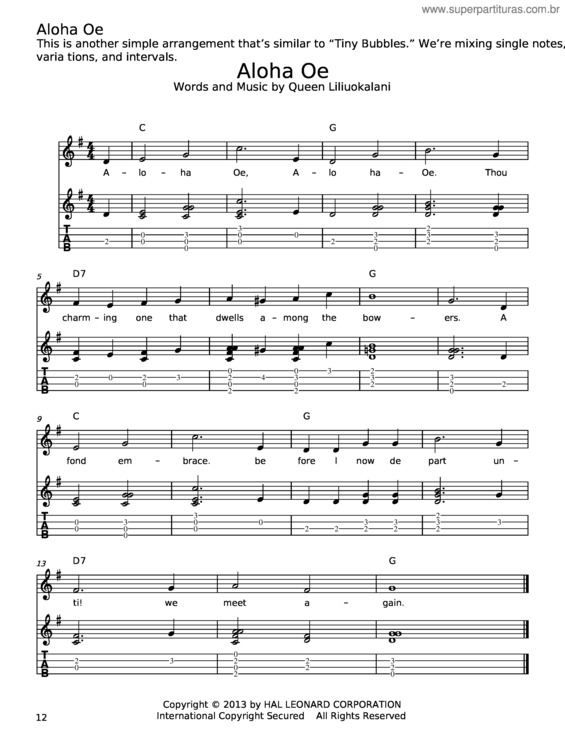 Partitura da música Aloha Oe – Queen Liliuokalani
