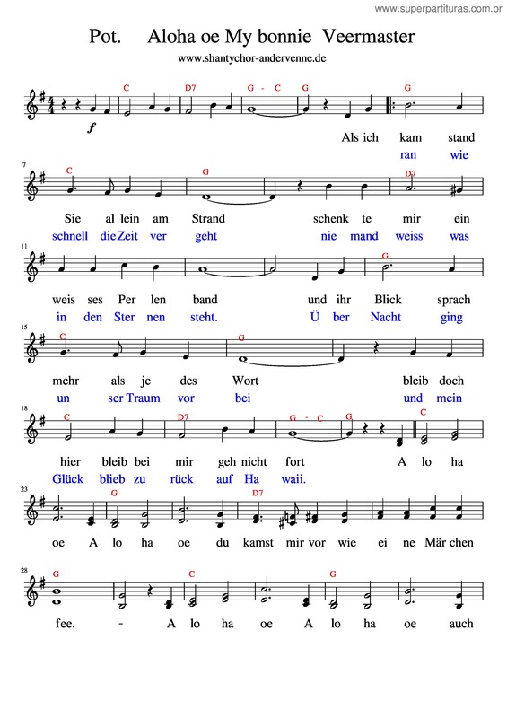 Partitura da música Aloha Oe, My Bonnie, Veermaster