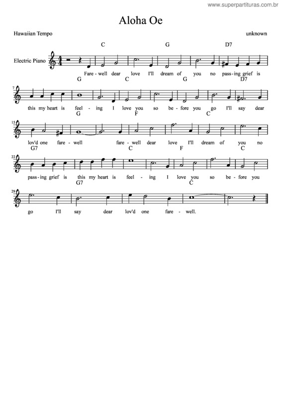 Partitura da música Aloha Oe v.4