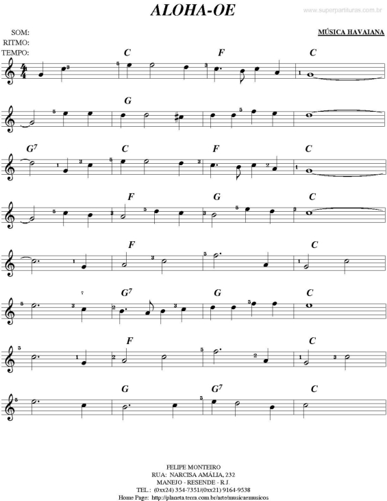 Partitura da música Aloha-Oe