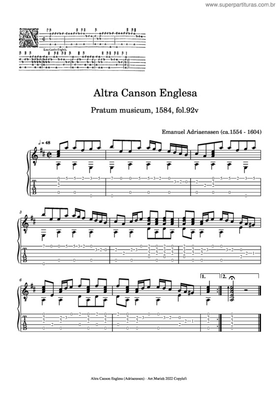 Partitura da música Altra Canson Englesa – Emanuel Adriaenssen v.2