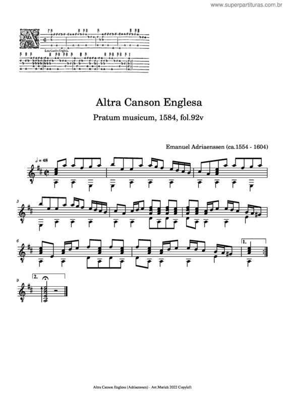 Partitura da música Altra Canson Englesa – Emanuel Adriaenssen