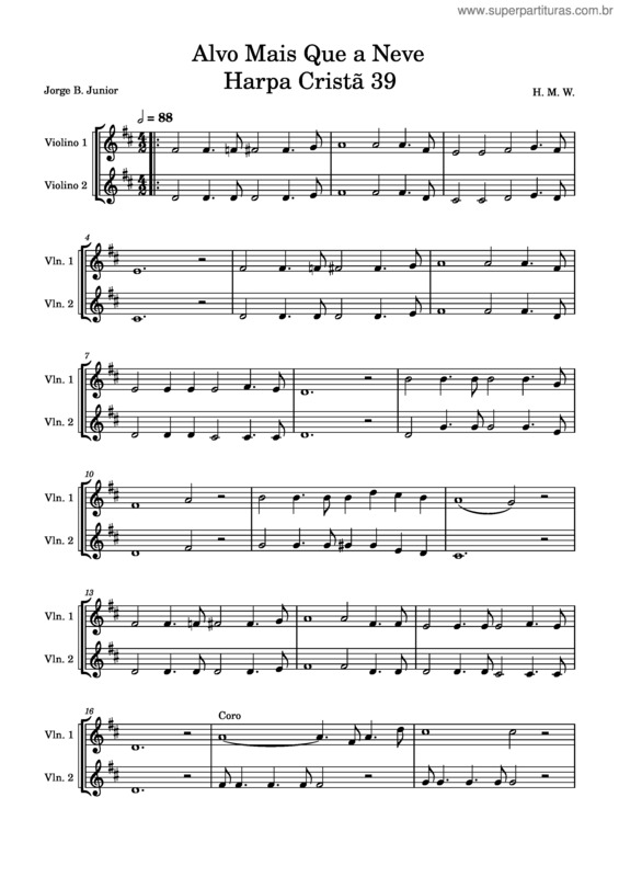 Partitura da música Alvo Mais Que A Neve Harpa Cristã 39