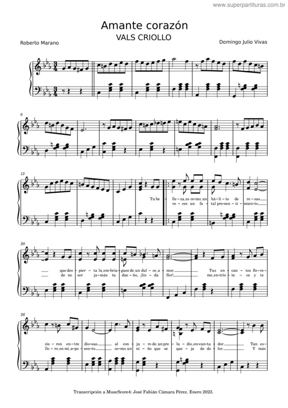 Partitura da música Amante Corazón – Julio Vives