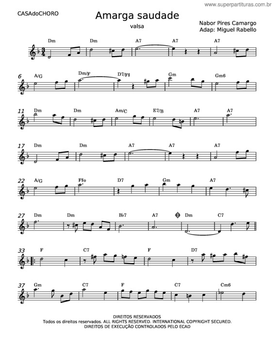 Partitura da música Amarga Saudade