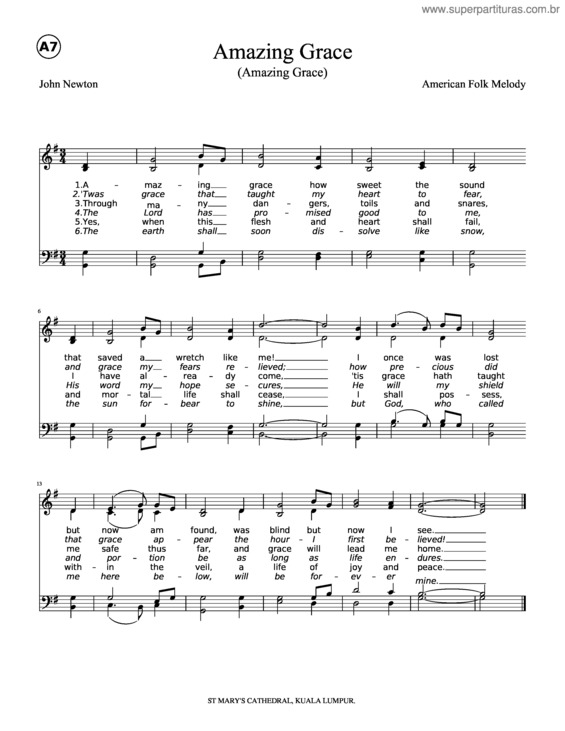 Partitura da música Amazing Grace; Satb