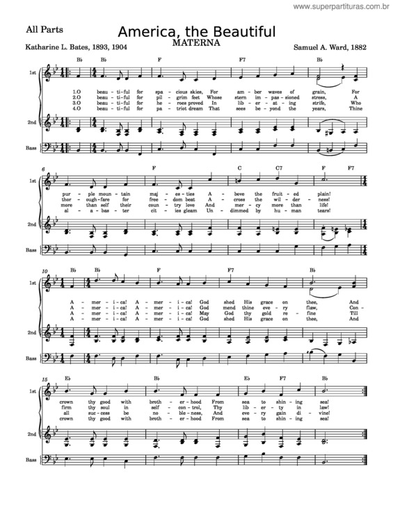 Partitura da música America The Beautiful  –  Samuel A. Ward