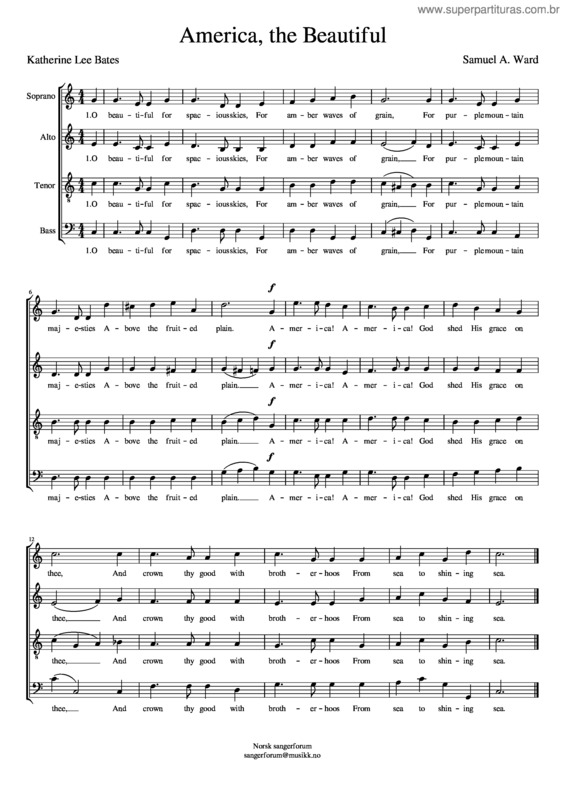 Partitura da música America The Beautiful – Samuel Augustus Ward v.2