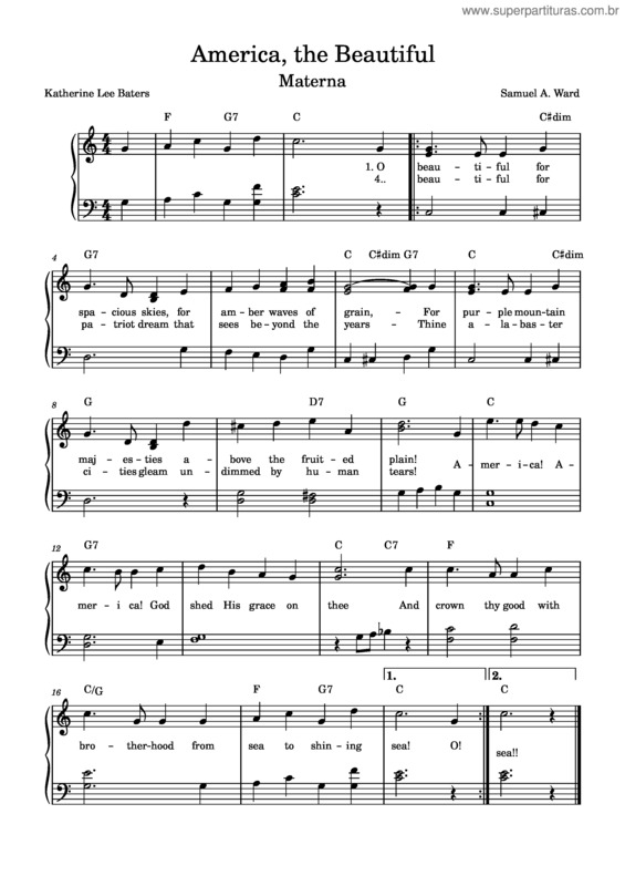 Partitura da música America The Beautiful – Samuel Augustus Ward