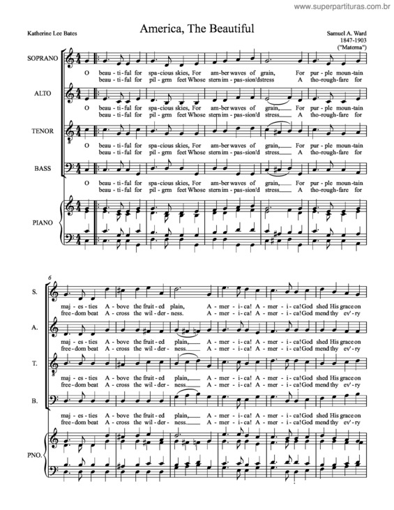 Partitura da música America the Beautiful (Materna)